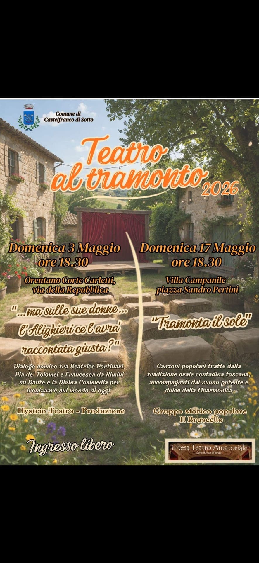 Teatro al tramonto: due spettacoli gratuiti a Castelfranco di Sotto